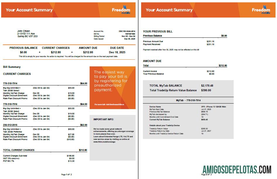 Em branco modelo de conta de serviços públicos móveis Canada Freedom em formatos Word e PDF, 2 páginas